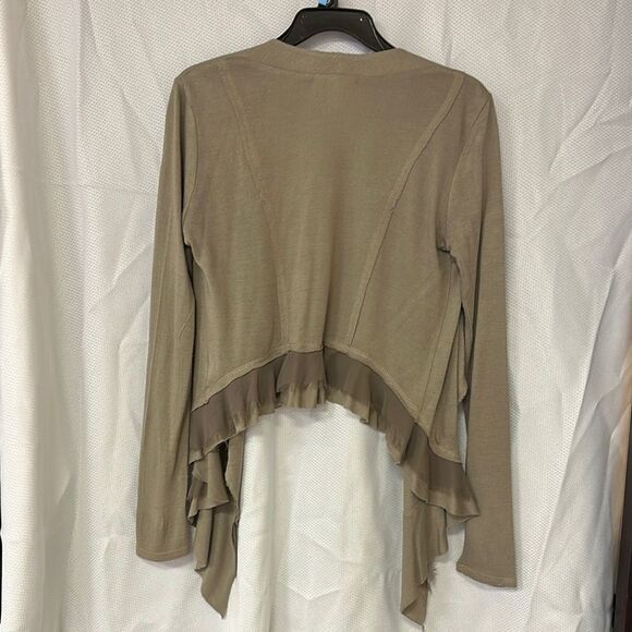 Tan Waterfall Cardigan Sweater with Asymmetrical Hem - Picture 3 of 3